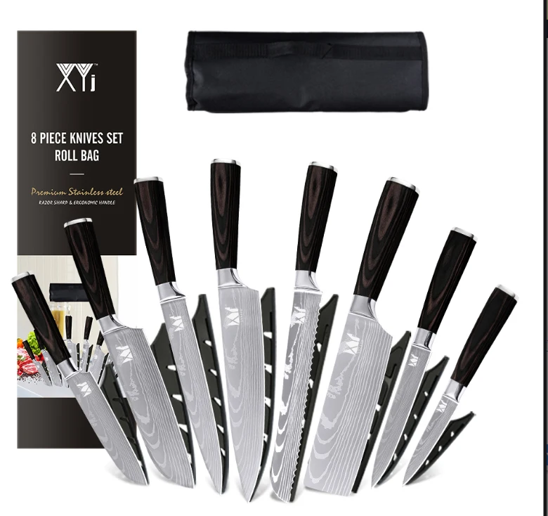 

Набор кухонных ножей XYJ с деревянной ручкой, комплект из 8 предметов с лезвием из нержавеющей стали с лазерным узором, для шеф-повара, мяса, ов...