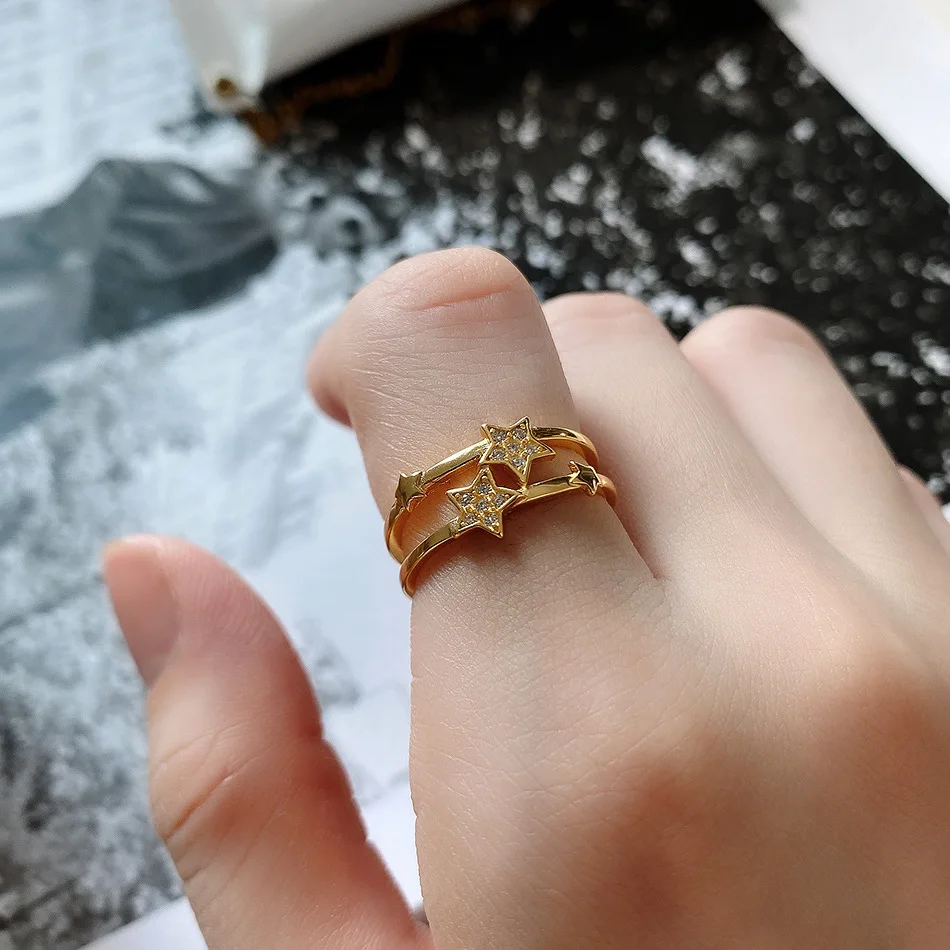 

Amaiyllis 925 Sterling Silver Simple Open Ring 18k Gold Star Double Ring Fashion Temperament Star Ring Personality Jewelry