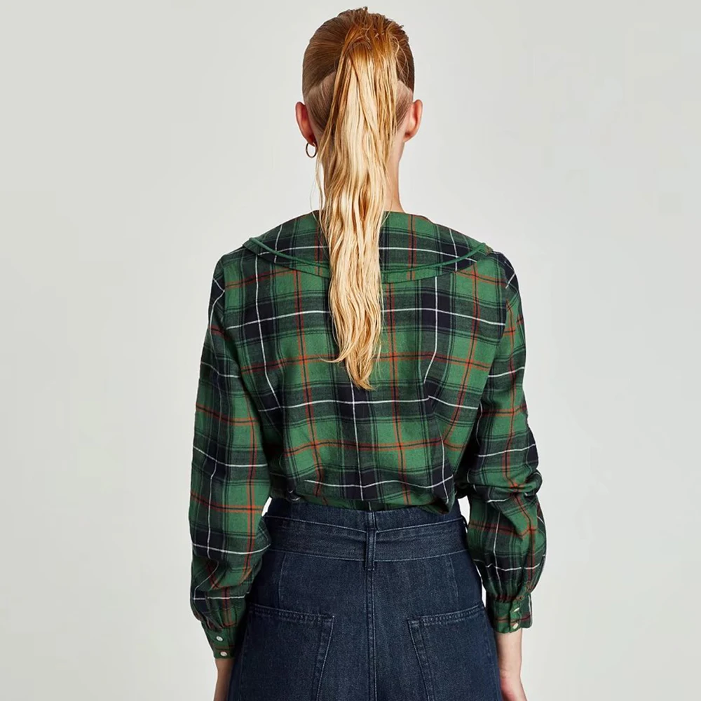 Элегантные женские блузки 2019 с длинным рукавом цветочной вышивкой в клетку на