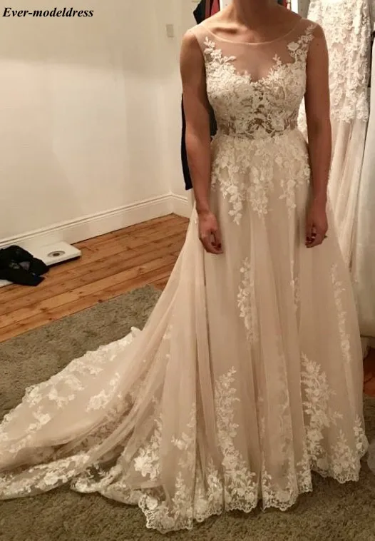 Vestido De Noiva, кружевные свадебные платья, аппликации из бисера, иллюзия, топ, кнопка сзади, шлейф, свадебные платья Boho Robe De Mariee