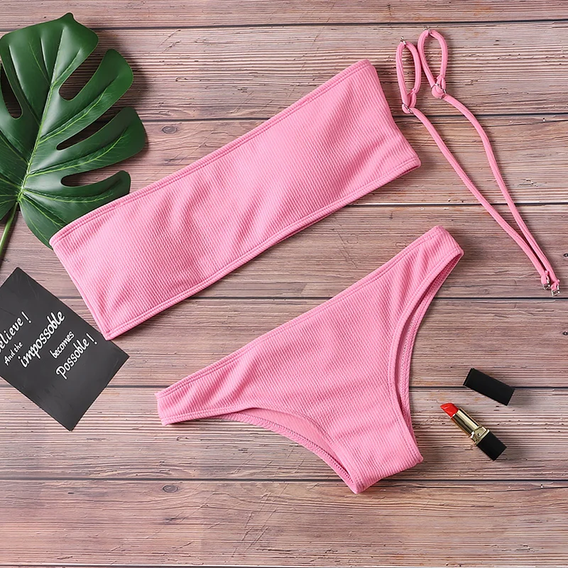 

Solid Bikini Swimsuit women's Beach suit 2019 low waist sexy off shoulder swimsuit women's padded bra swimsuit