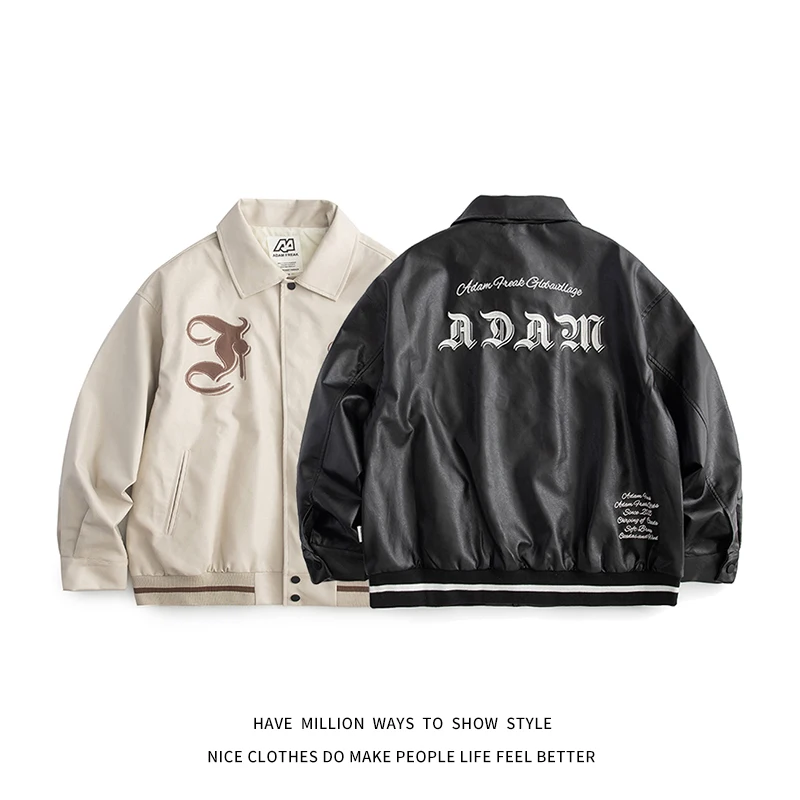 

New Arrival Autumn PU Leather Women's Motorcycle Jacket Embroidery Unisex Men's Bomber Pilot Coat Coach Vintage Casual Street