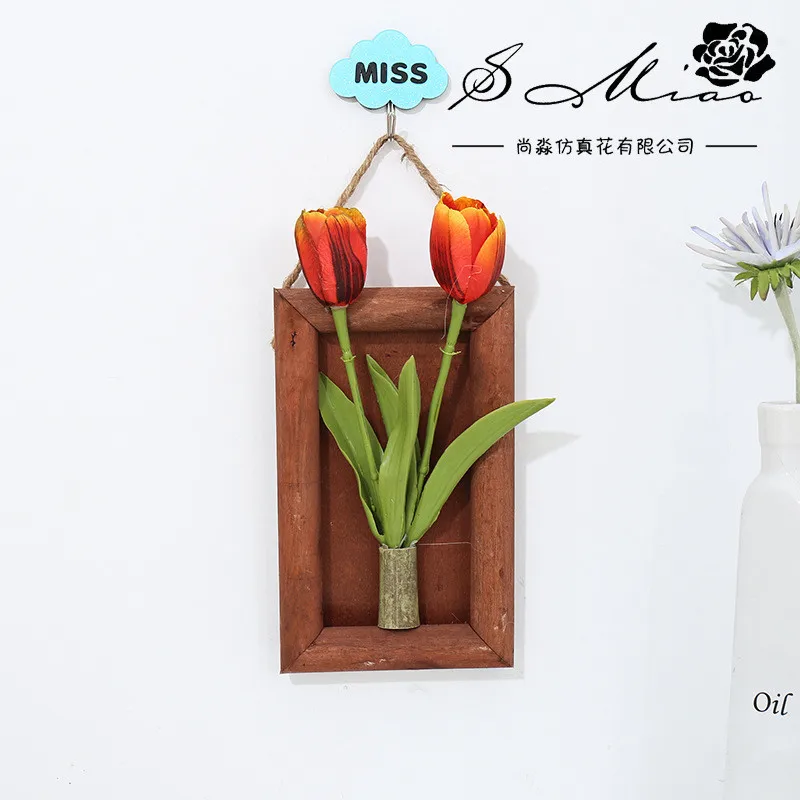 

Artificial 2 Heads Flower Silk Fake Tulip Wall Hanging Frame Wooden Potted Plant Bonsai Home Hotel Decoration