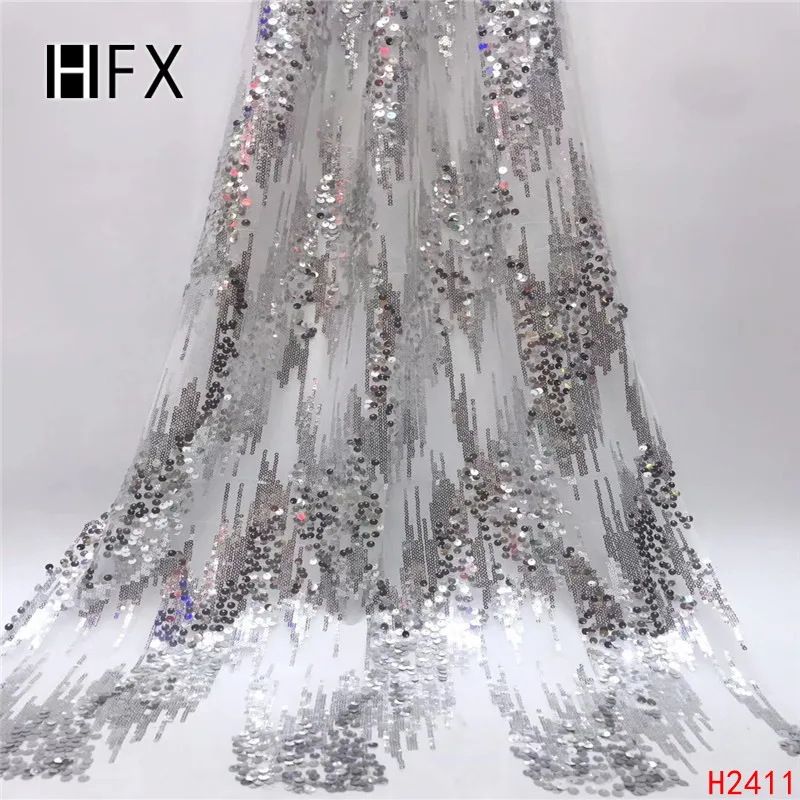 

HFX 2019 Nigeria Latest sequins Design Lace Fabric High Quality African lace fabric With Color Sequins For Party Dress H2411