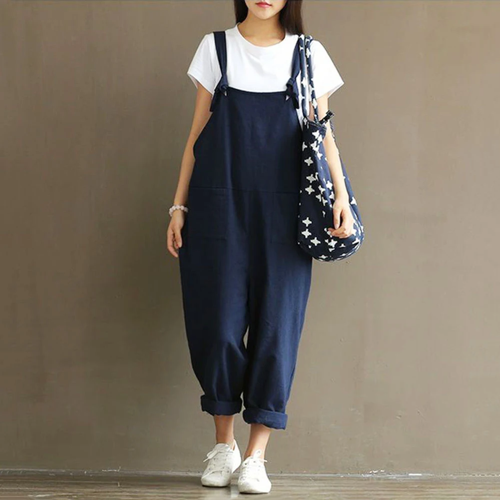 Комбинезон женский однотонный свободного покроя хлопково-льняной ромпер с узлом