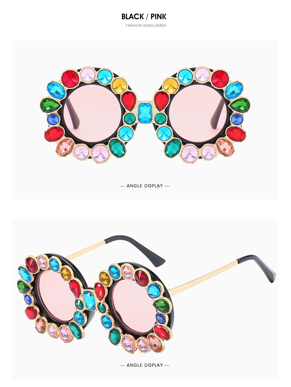 FU E Gorgeous Women Sunglasses Crystal Diamond Handmade Round Eyewear UV400 Mirror Lens Flower Design Summer Sun Glasses