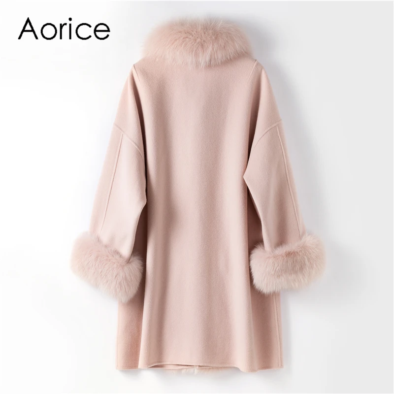 Aorice TX205605 Женское пальто из 90% натуральной шерсти с меховым воротником из натурального Лисьего меха, зимнее пальто, элегантная женская куртка с роговыми пряжками, пальто
