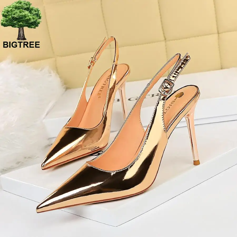 

Bigtree Thin Heels Retro Women Outdoor Slippers Pu Leather Open Toe High Heels 10cm Slipper Women's Show Thin Party Slippers