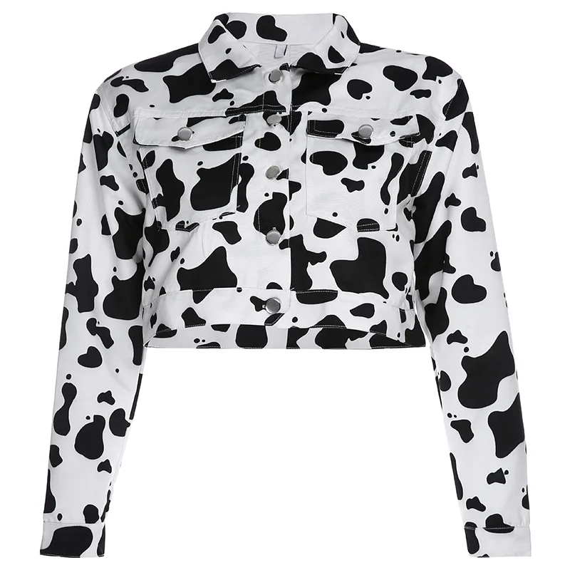 

2021 New Women's Cardigan Spring and Autumn Jacket Jacket Harajuku Streetwear Cow Print Short Female Jacket Casual Button Jacket