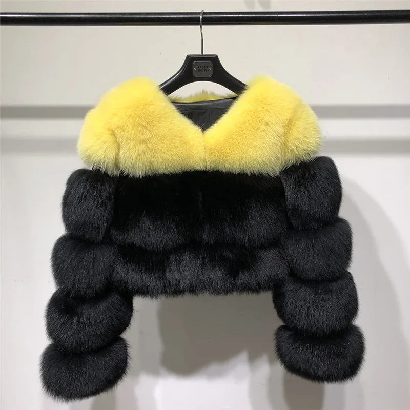 Fashion Short V-Neck Natural Fox Fur Coats For Women Winter Luxury Color Stitching Real Fox Fur Jacket Woman Outwear Fur Coat