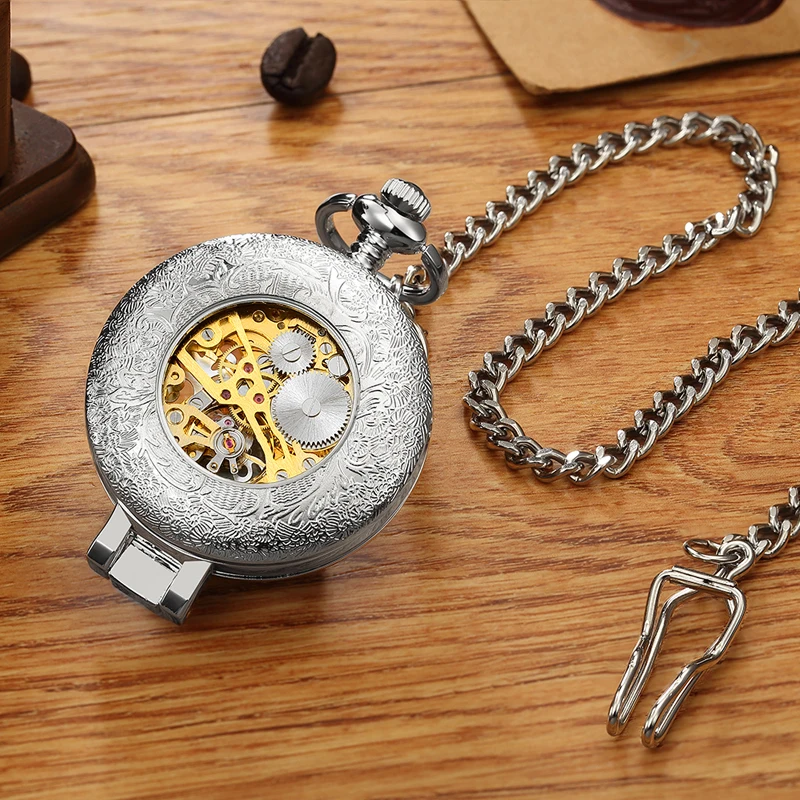 Gorben Golden Mechanical Pocket Watch Men Fashion Retro Casual Skeleton Dial Silver Hand Wind Male Fob Chain Watches