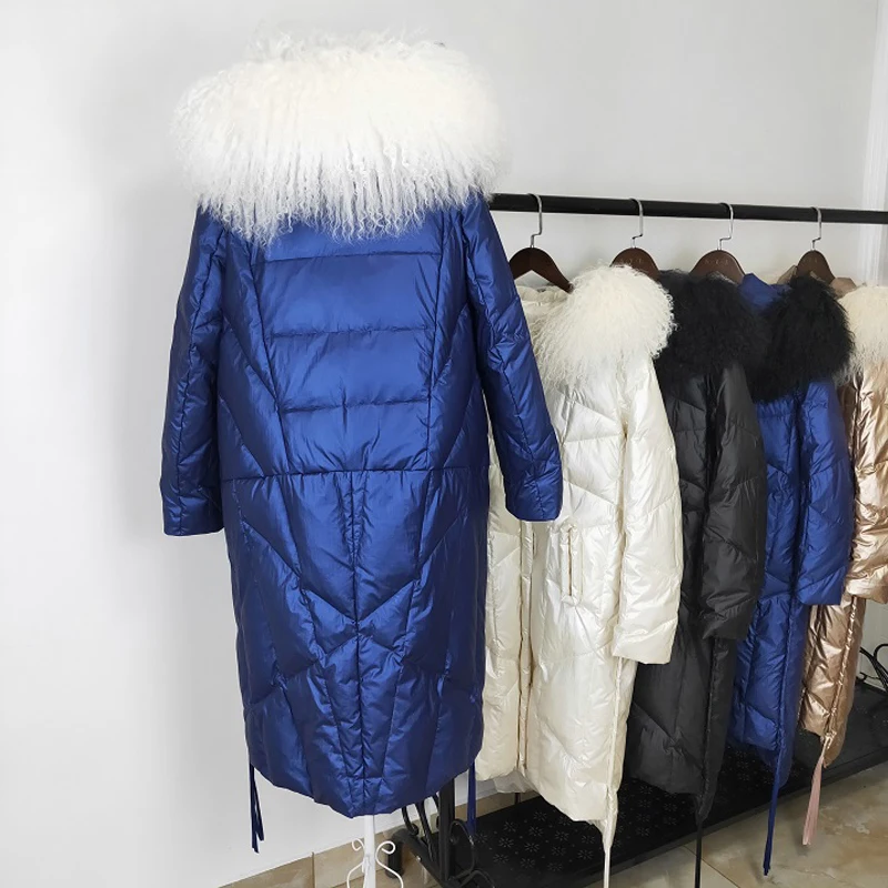 Fitaylor, Зимняя женская парка с капюшоном на белом утином пуху, большой натуральный меховой воротник, длинные куртки, повседневная женская зимняя плотная верхняя одежда