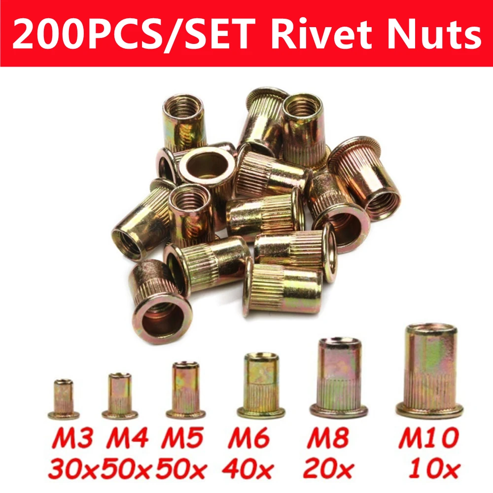 200 шт. заклепочные гайки из углеродистой стали с плоской головкой накатные