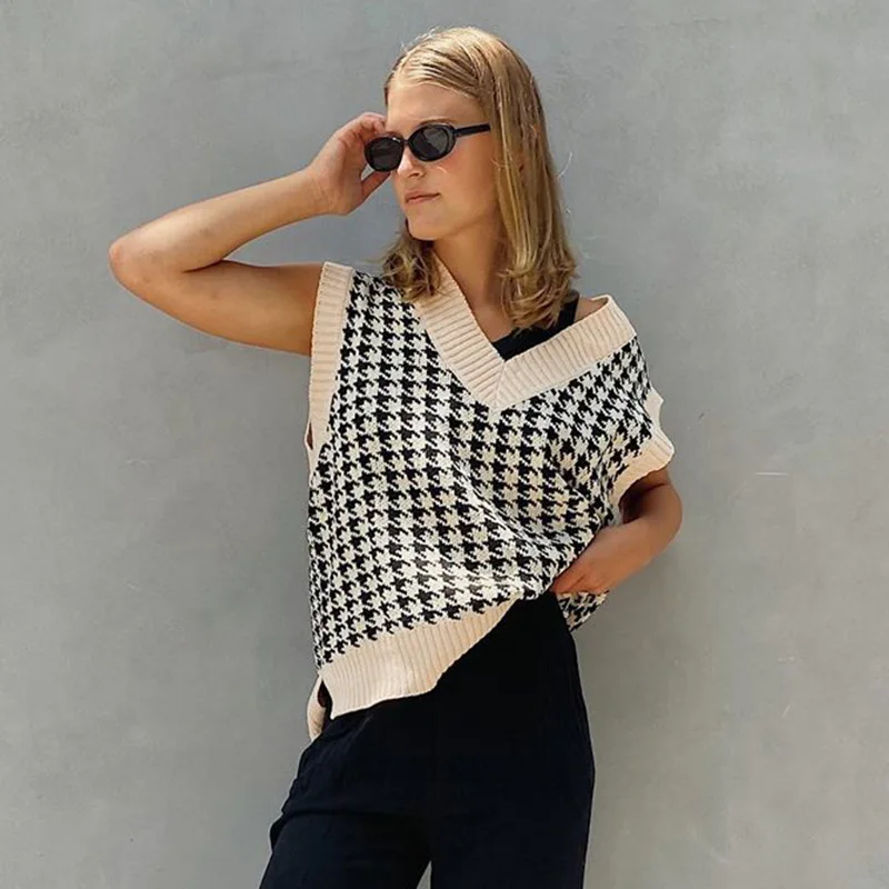 

Консервативный Стиль сладкий ломаную клетку вязаный свитер без рукавов для женщин Sweatervest платье без рукавов с v-образным вырезом, Mouwloos без р...