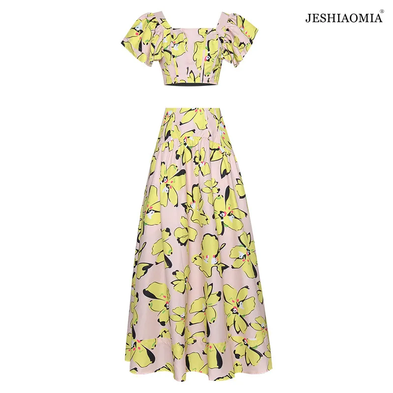 JESHIAOMIA- 2021 Summer Square Collar Printed Cropped Top & Skirt Set