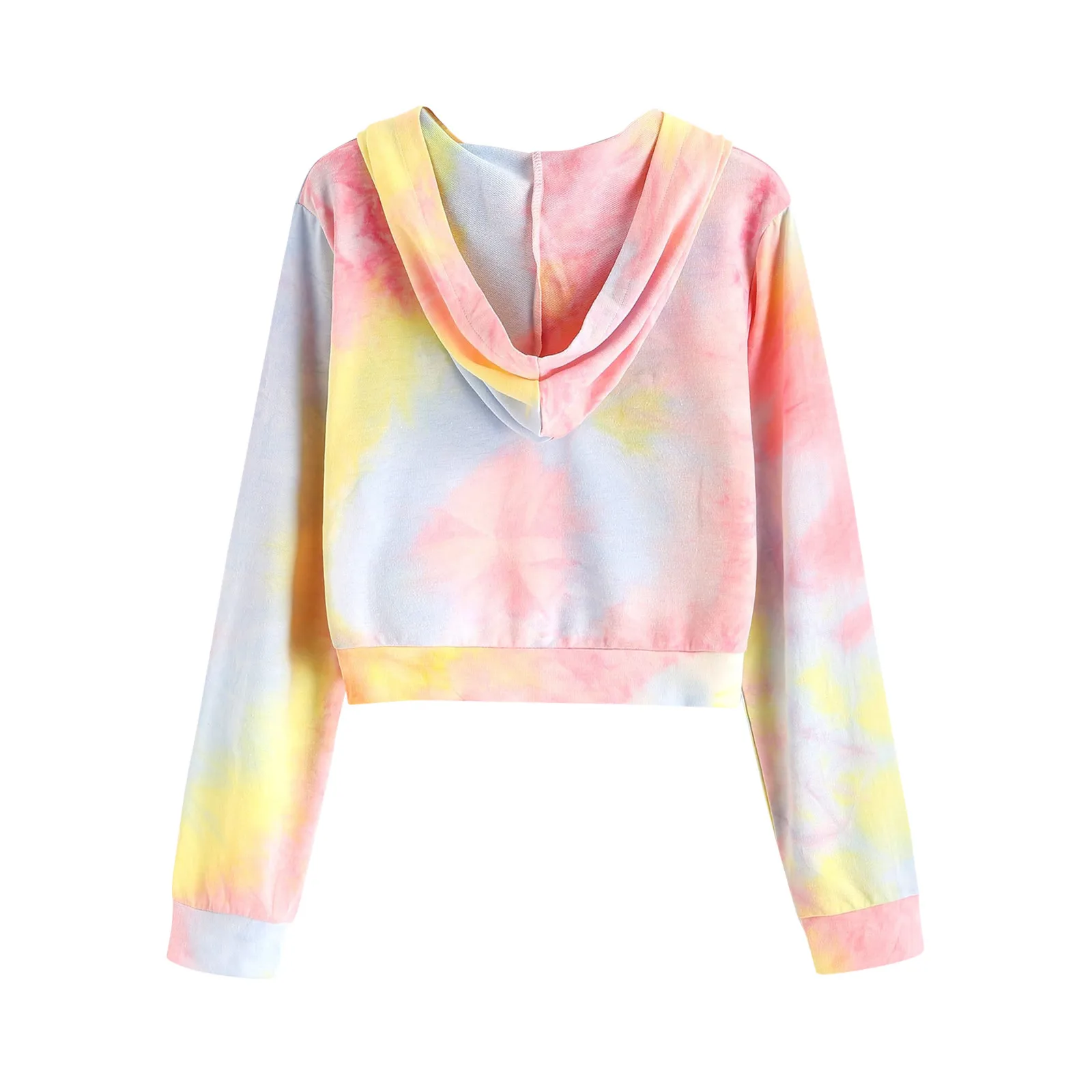 57# Drawstring Tie Dye Print Hoodie Women Short Style Long Sleeve Zipper Hooded Sweatshirt Pocket Spring Autumn Female Tops