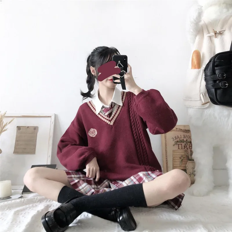Sweet JK Uniform Pullover Sweater Korean V-neck Female Student Loose Outwear Japanese School College Style | Тематическая одежда и