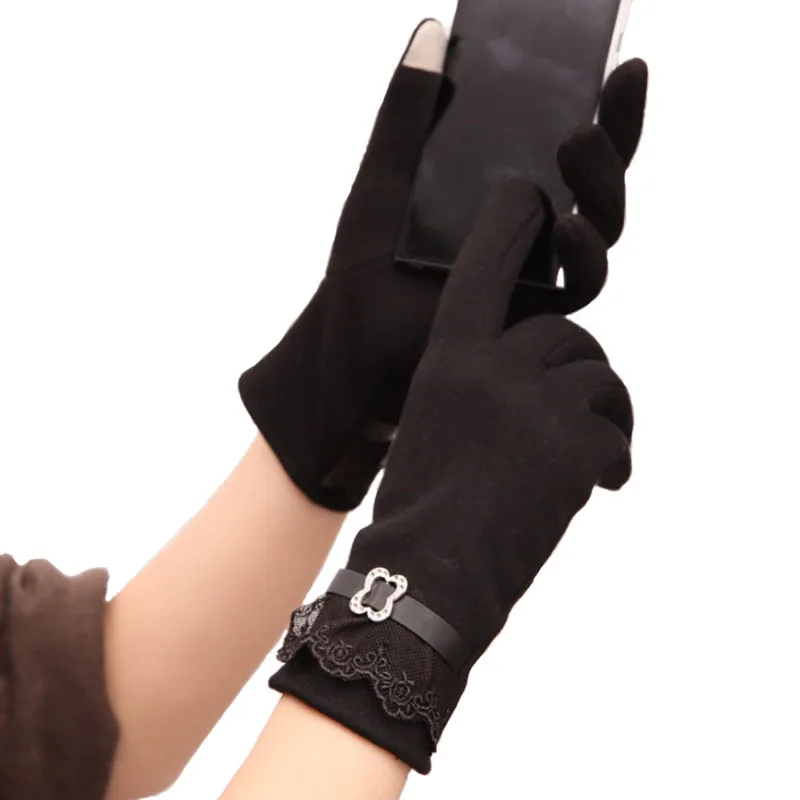 Женские зимние перчатки, варежки,, новая мода, кружево, хлопок, теплый, внутренний пух, женские, для девушек, сенсорный экран, качественные, варежки, перчатки