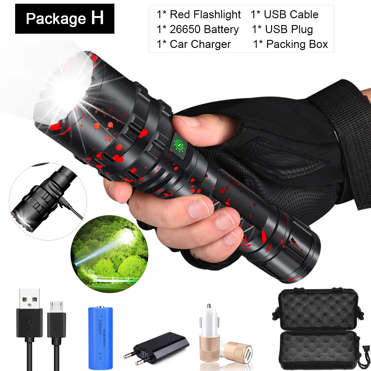 Package H Самый мощный фонарик XHP50.2 светодиодный фонарь Xlamp L2 фонарь Водонепроницаемый светодиодный фонарь охотничий фонарик 18650 26650 аккумулятор - Испускаемый цвет: Package H