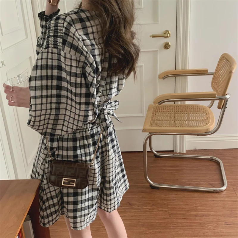 

Kimotimo Women 2 Piece Set Korean Chic Vintage V-neck Belt Long Sleeve Plaid Shirts + Summer High Waist Wide Leg Shorts Pants