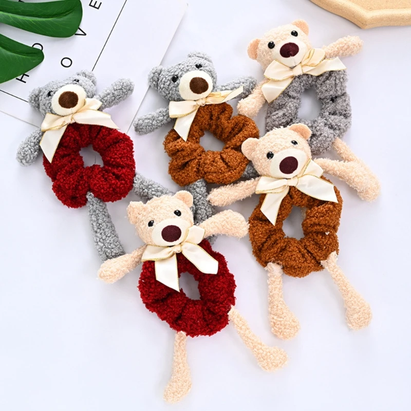 

Women Girls Fluffy Faux Fur Ball Scrunchies Cute Cartoon 3D Teddy Bear Elastic Hair Rope Ties Pom Pom Ponytail Holder