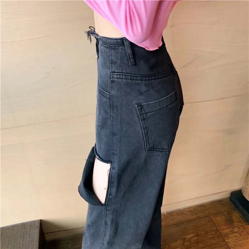 

Korean Chic High Waist Ripped Hole Jeans Women Vintage Wide Leg Long Denim Trousers Casual Loose Streetwear Jeans