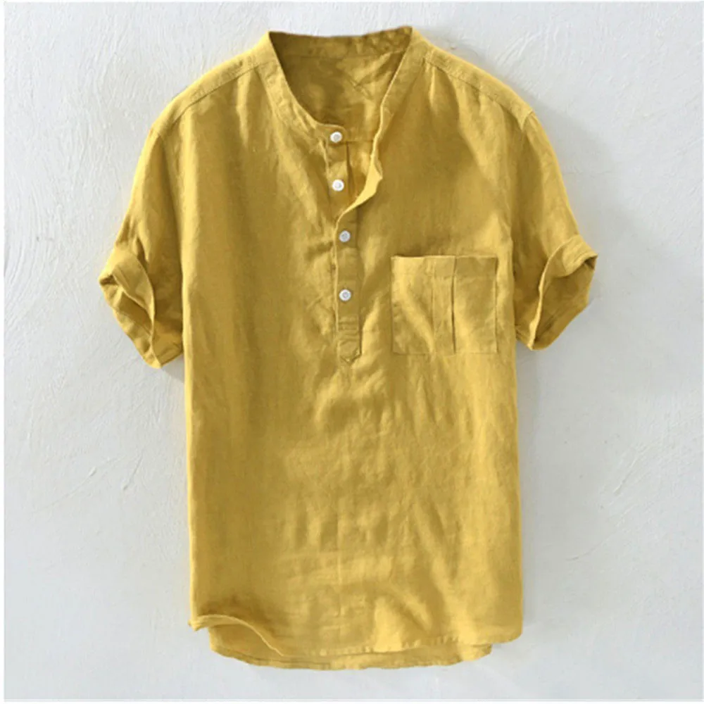 

Men Short Sleeve Linen Button V Neck Soft Dress Shirts Casual Loose Holiday Summer Top Tee Solid Color Plus Size L-3XL
