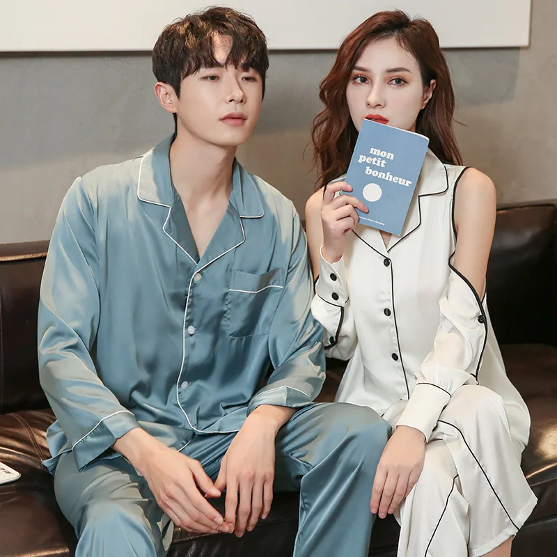 

Summer Couple Women Shouledr Hollow Long Sleeve Pants Sleepwear 2 Pieces Lovers Female Pajamas Sets Pyjamas Homewear