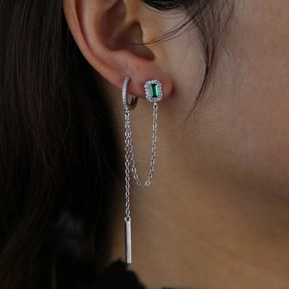 

double piercing silver color rose gold clear green baguette cubic zirconia long chain tassel earring 2020 new