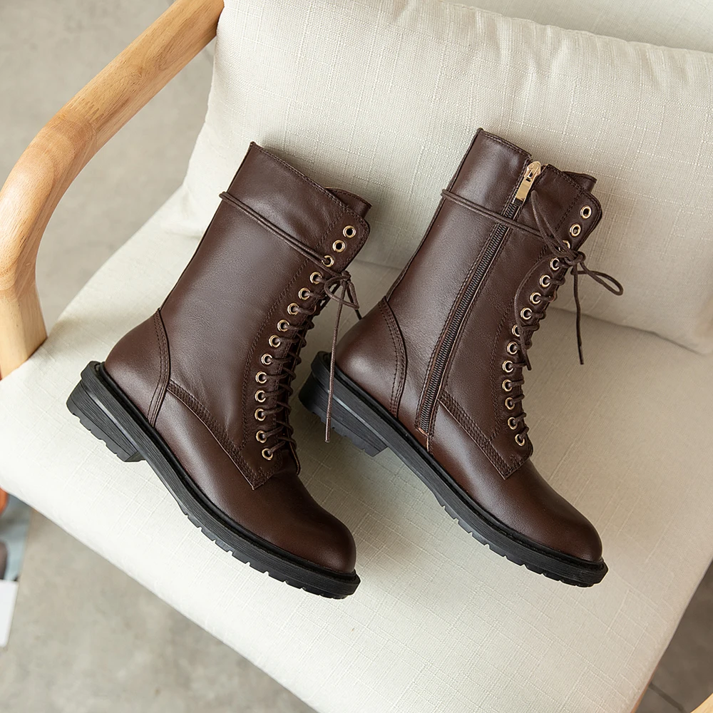 Harga Tendang Kulit Asli Sepatu Wanita Sepatu Tebal Sole Renda Musim Gugur Musim Dingin Pendek Semata Kaki Untuk Wanita Motor Boots Ukuran 42