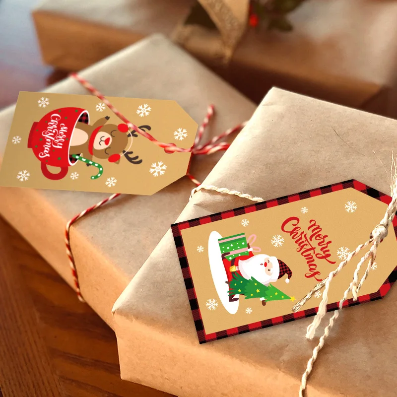 

100pcs Xmas Christmas Wrap gift tags New Year Wishes Card Retro Creative Kraft Paper Tag Christmas Painted Paper Card with Rope