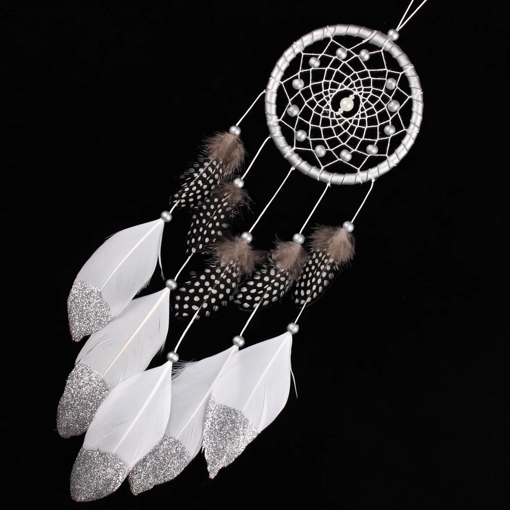 

Wind Chimes Silver Bead Dream Catcher with Feather vintage Wall Hanging Dreamcatcher Circular Feathers Handmade Ornament for Car