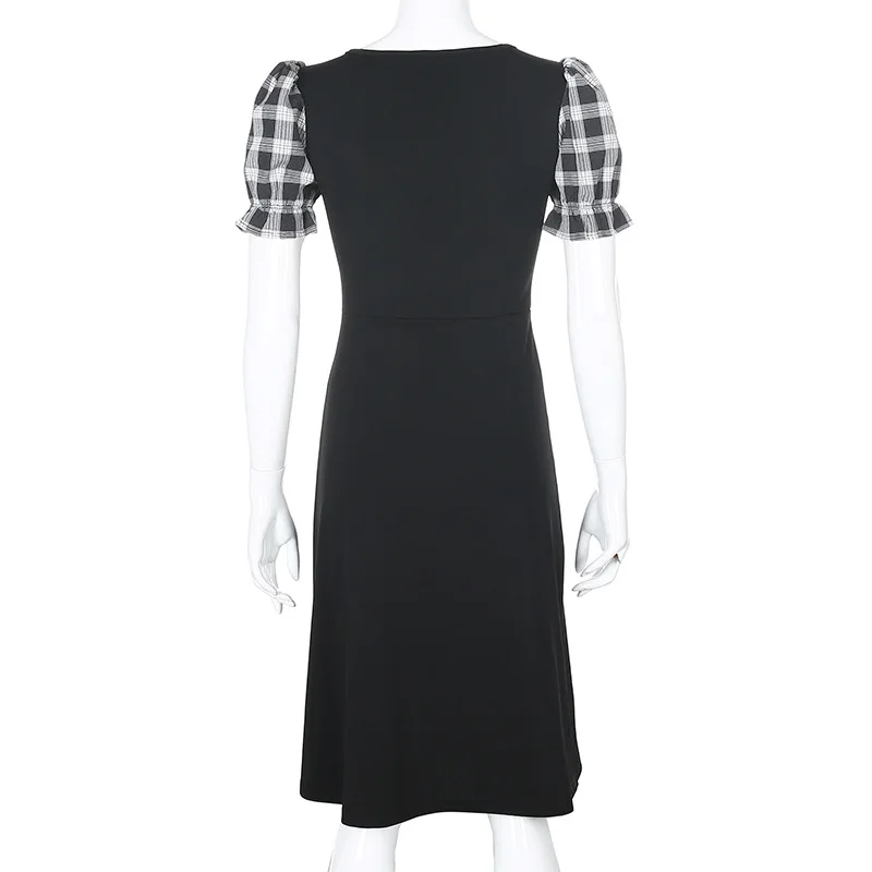 

2020 Women's Summer Square Collar Plaid Splicing Pleated Palace Wind Split Dress