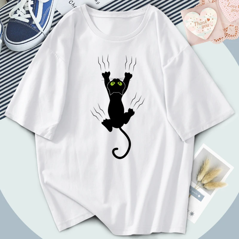 

Harajuku Black Cats T-shirts Women Short Sleeve Print Oversize Tshirts White Black Cosplay Tops Tees Loose Fit Poleras Female