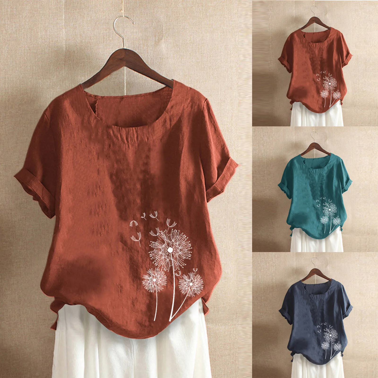 

Bluses для Женская Повседневная футболка с коротким рукавом из хлопка и льна с капюшоном, принтом и круглым вырезом Блузка Топы летняя рубашка ...