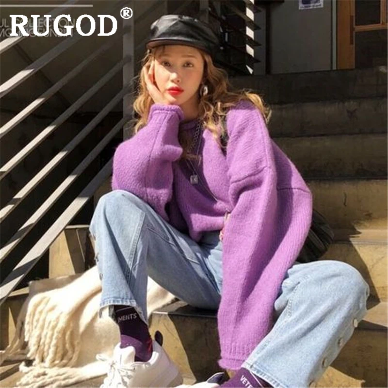 Женский свитер с круглым вырезом RUGOD Vinage однотонный Свободный пуловер рукавами