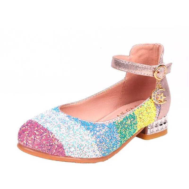 

New Rainbow Children's Crystal Leather Shoes Soft Bottom Toddler Baby Breathable Moccasins Girls Princess Kids High Heels 02