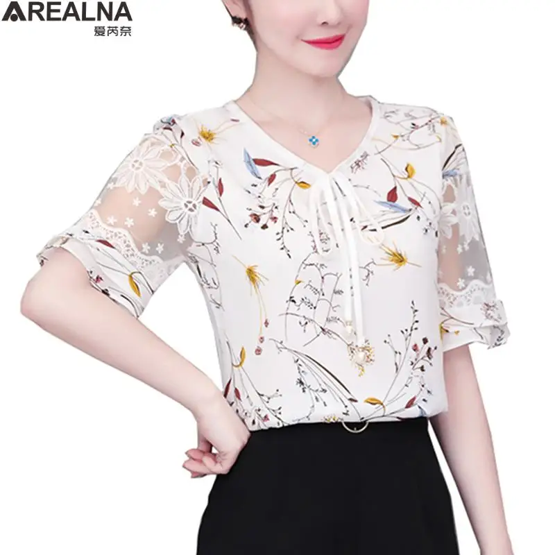 

Lace Patchwork Floral Chiffon Blouse Women Elegant Korean Summer Oversized Shirt Short Sleeve Womens Tops Clothes blouses femme