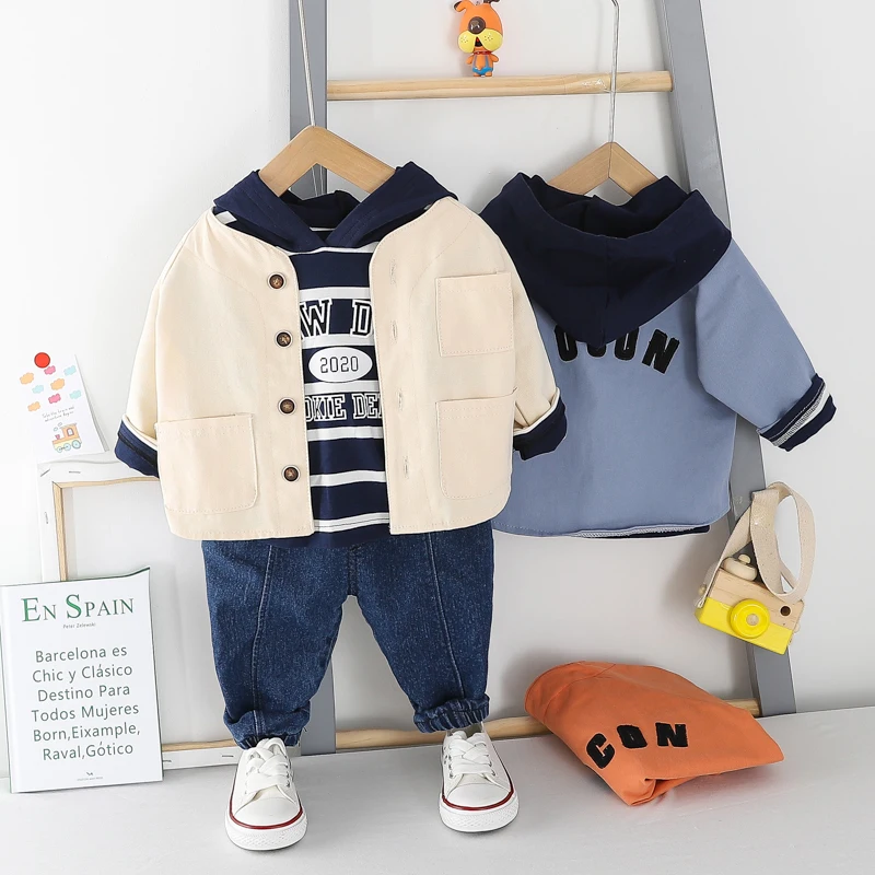 HYLKIDHUOSE Toddler Infant Clothing Sets 2020 Spring Baby Boys Casual Clothes Stripe Hooded T Shirt Coats Jeans 3-piece Set |