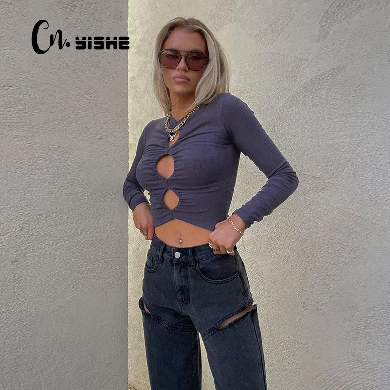 

CNYISHE Casual Skinny Slim Crop Top T-shirt Tees Women Tops Fashion Long Sleeve Hollow Cropped Shirt Female Sexy T-shirts Blusas