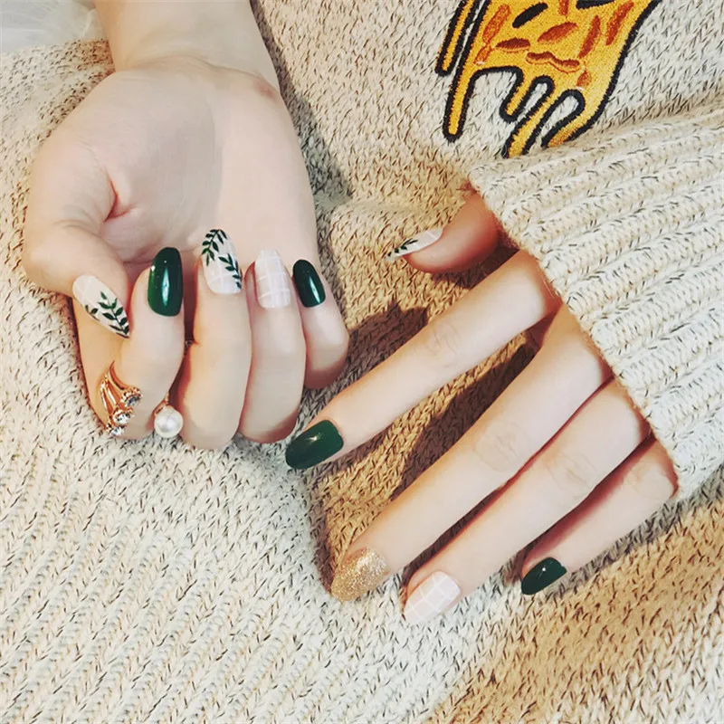 24 шт./компл. модный дизайн маникюрный зеленый лист Набор накладных ногтей советы