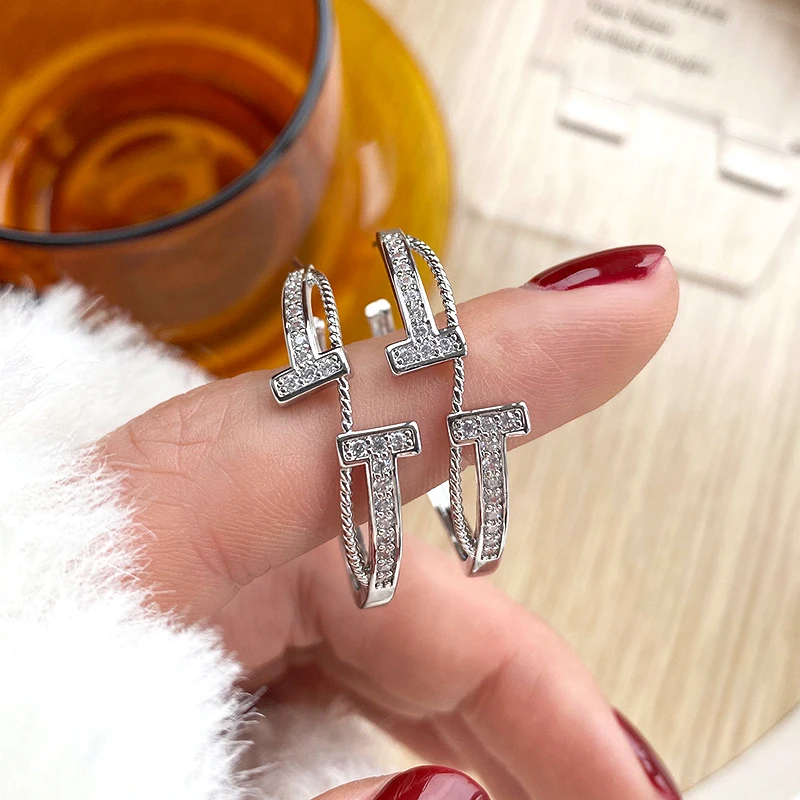 

Romantic Charming 14k Real Gold Crystal Letters Hoop Earrings for Women S925 Silver Needle High Quality Jewelry AAA Zircon Party