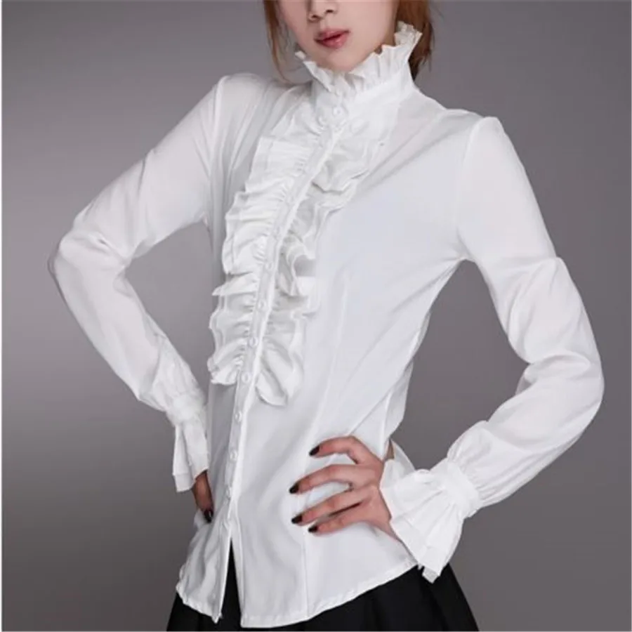 

Women OL Office Blouses Fashion Ladies White Shirt High Neck Frilly Ruffle Cuffs Shirts Female Blouse Plus size tops