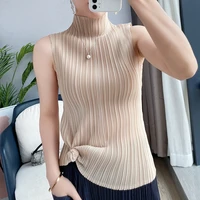 popolle2021 new fashion pleated sleeveless office high neck elegant temperament bottoming vest pleated top fashion trend