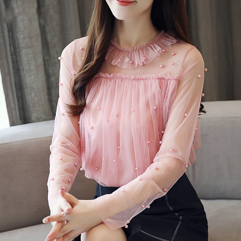 Женская прозрачная блузка с длинным рукавом привлекательная сетчатая шифоновая