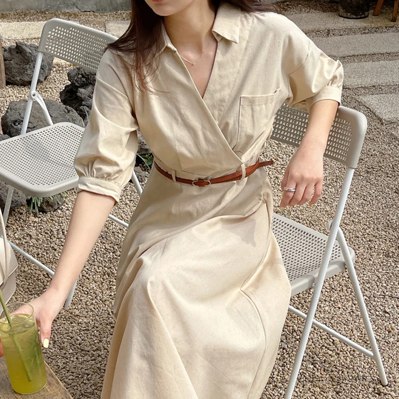 

2021 Summer Elegant Turndown Collar Women's Long Dress Office Lady Chic Dresses Woman A-line Clothes Female