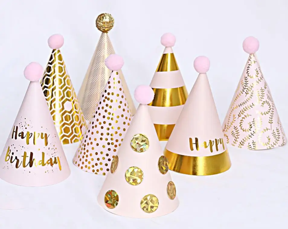 

Cone Birthday Party Hats for Kids Adults Plush sequin ball Sparkle Hat Cake Topper Table Decorations gold pink blue