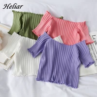 heliar women off shoulder t shirts knitted ruffles hem crop tops short sleeve t shirts for women 2021 summer camisetas femininas