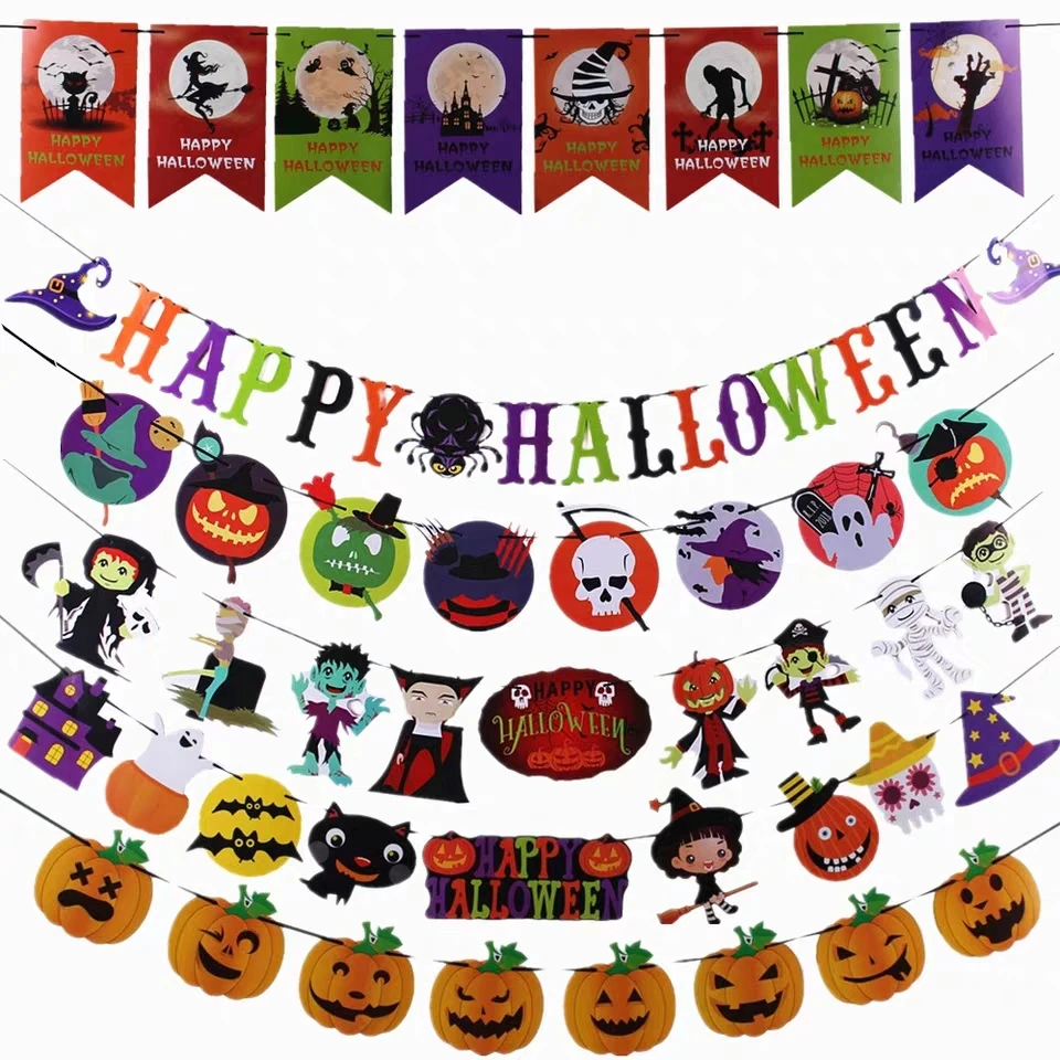 Украшение на Хэллоуин баннер с тыквой черепом Бумажная гирлянда флажки