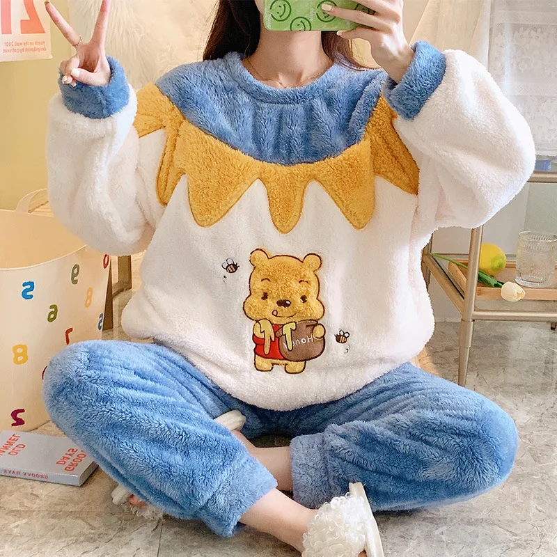 

Cartoon Pooh Daisy Fall/Winter Flannel Pajamas Girl Sweet Thick Plush Loose Coral Fleece Homewear Set Warm Woman Pajamas